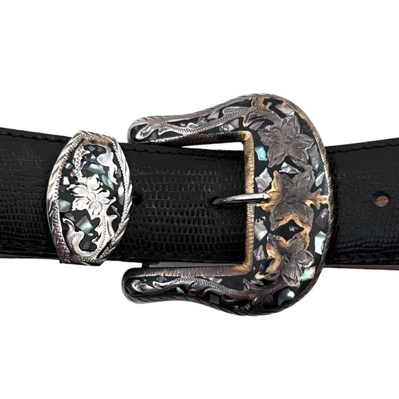 AL BERES Lizard emboss leather belt w Western buckle sz 26